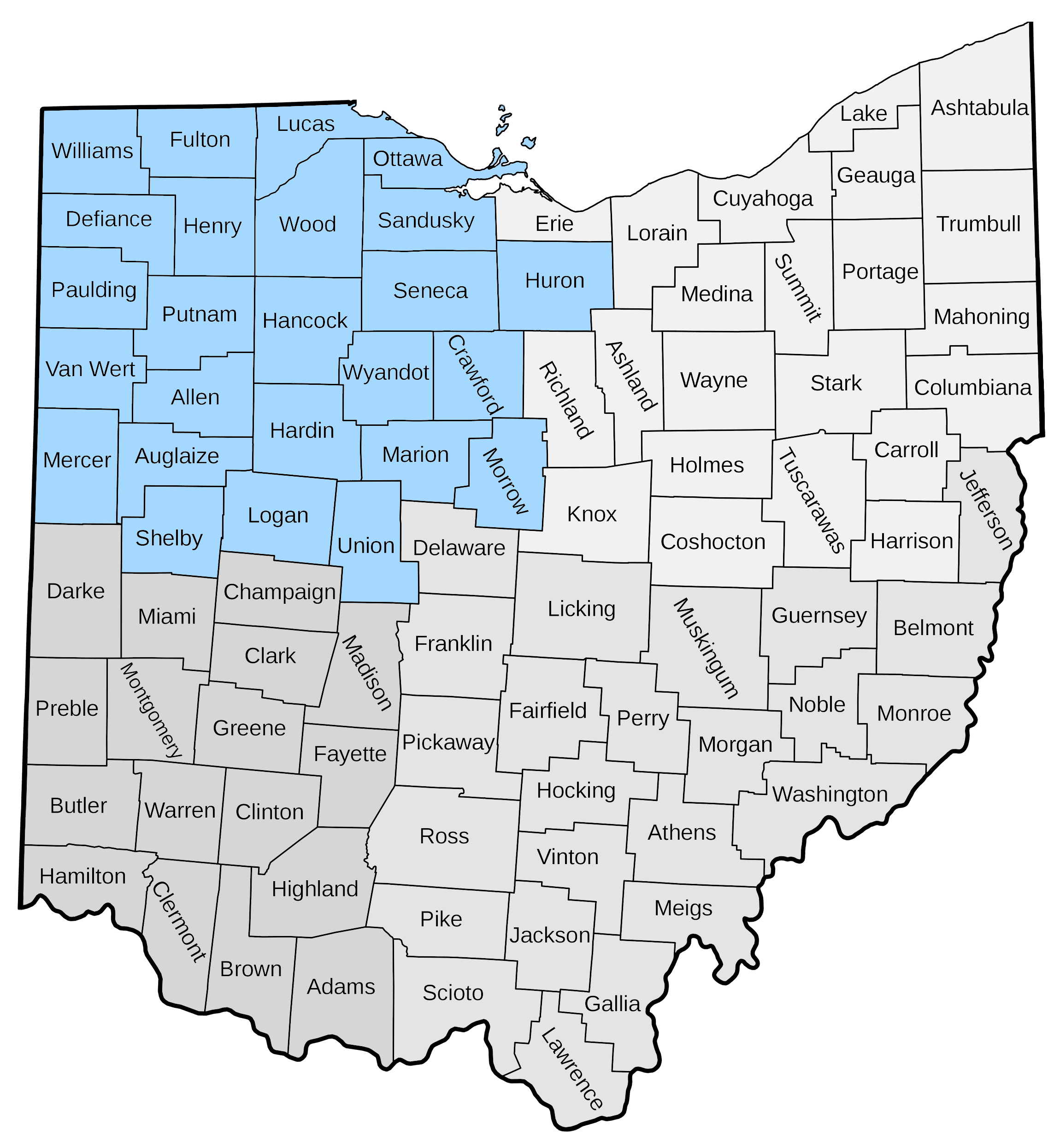 A map of Ohio divided into its 88 counties. Each quadrant of the state is in a different color, representing the regional library system it is a part of.