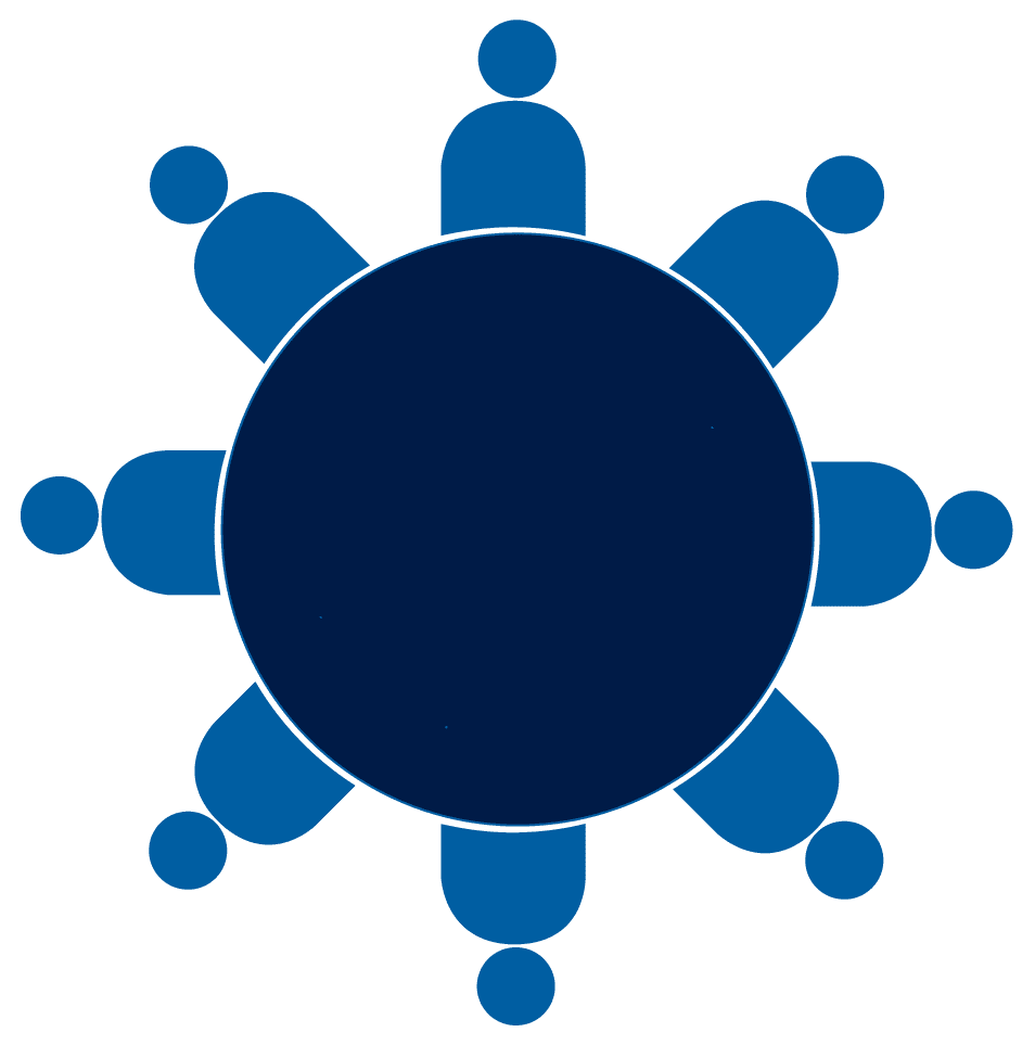 Eight silhouettes of people sitting around a table