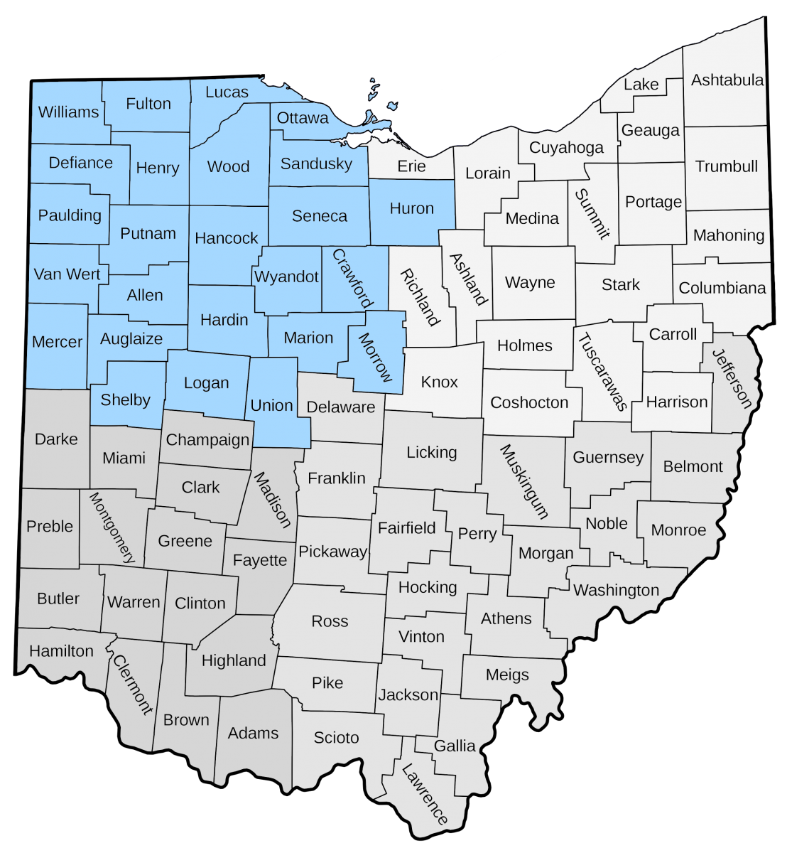 Map of Ohio counties with NORWELD geographic area highlighted