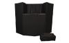 A black puppet theater with the bag it travels in next to it